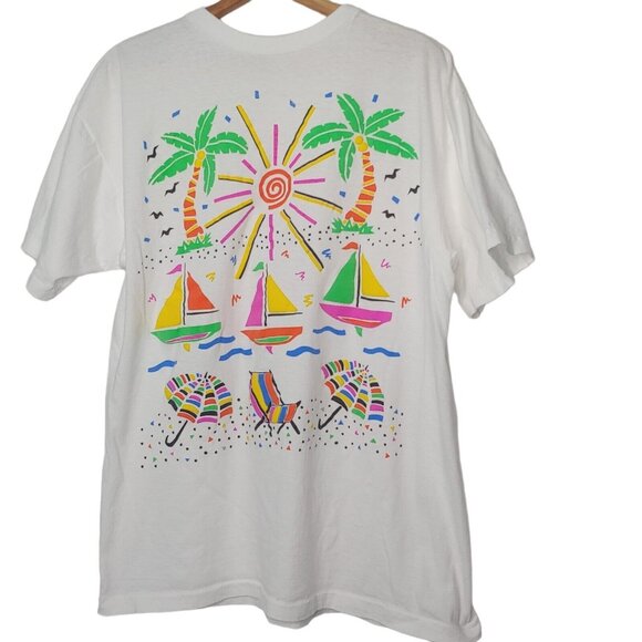 Vintage Single Stitch Beach XL T Shirt White Neon Puffy Graphic Sail Sun Palms - Picture 1 of 12